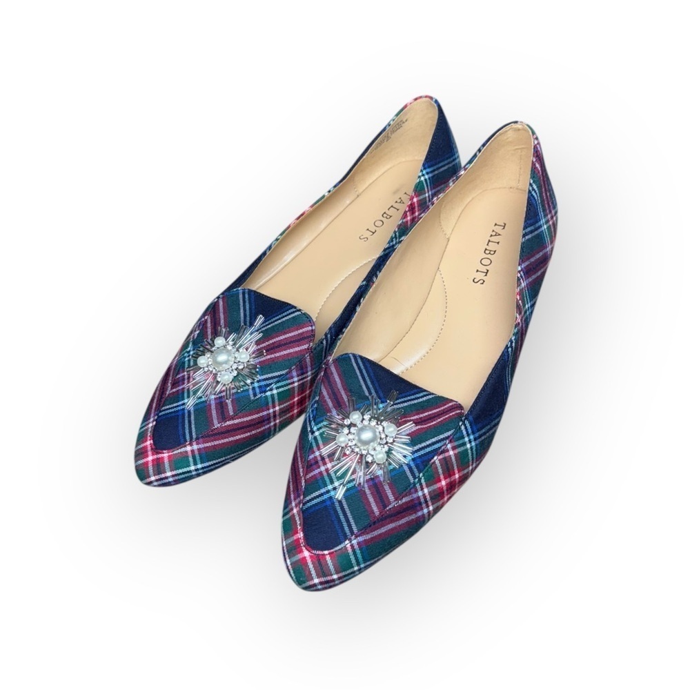 Talbots Women's Festive Plaid Christmas Flats Silver Red and Green Size 8 - Picture 2 of 6